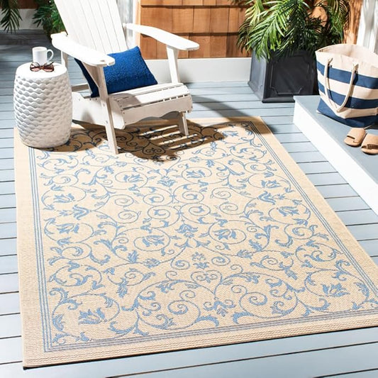 SAFAVIEH Courtyard Collection Accent Rug - 4' x 5'7", Natural & Blue, Indoor/Outdoor & Washable, Ideal for High Traffic Areas in Patio, Backyard, Mudroom, Entryway, Doormat (CY2098-3101-4)