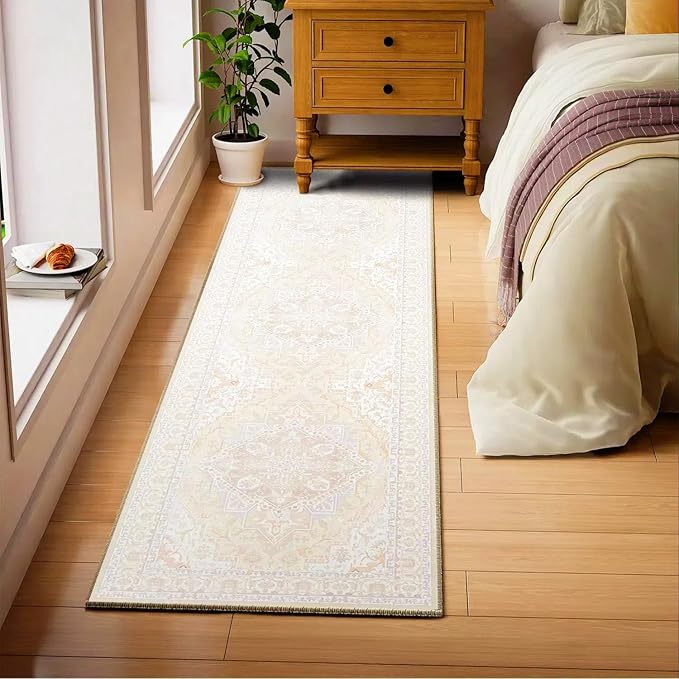 2x10 Area Rug Boho Machine Washable Living Room Rug Non Slip Low Pile Vintage Print Distressed Soft Carpet for Bedroom Diningroom Cream/Pink/Green/Beige/Blue