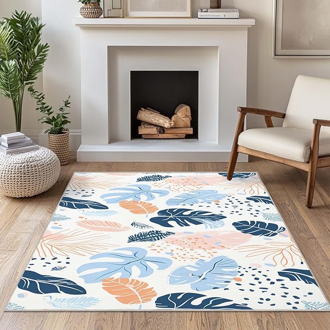4x6 Rug Boho Botanical Tropical Leaf White Area Rug Bedroom Ultra-Thin Soft Low Pile Large Carpet Living Room Non Slip Dining Room Office Stain Resistant Washable Machine