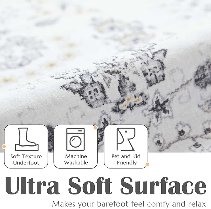 jinchan Kitchen Runner Rug 2x8 Vintage Floral Hallway Washable Rug Retro Runner Non Slip Accent Soft Boho Thin Carpet for Bedroom Bathroom Laundry Room Living Room Grey