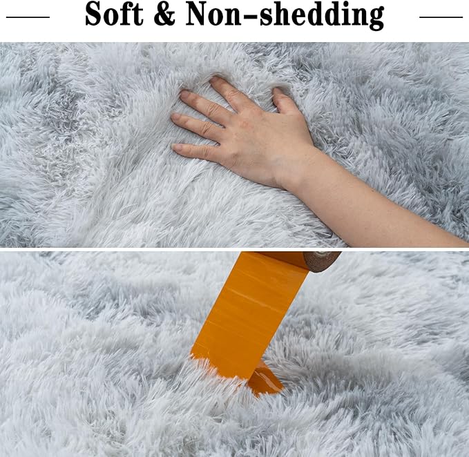 5x7 Shaggy Rugs for Living Room, Tie-Dyed Light Grey Fluffy Area Rug for Bedroom, Soft Plush Shag Carpet for Kids Room, Indoor Non-Slip Fuzzy Rug
