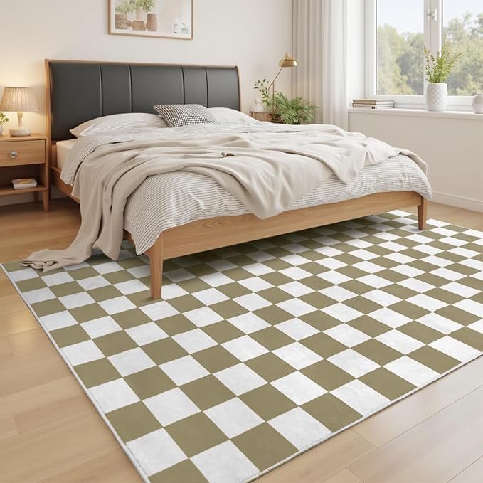 Terrug Beige and White Checkered Rug for Living Room Bedroom, 6x9 Soft Washable Area Rug with Non Slip, Low Pile Stain Resistance Carpet for Kids Room Entryway Kitchen Dorm