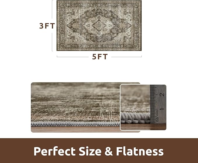 AMOAMI-3X5 Area Rug - Soft Washable Vintage Throw Accent Rug for Living Room, Bedroom, Kitchen, Bathroom, Laundry Room, Entryway - Non Slip - Brown/Coffee