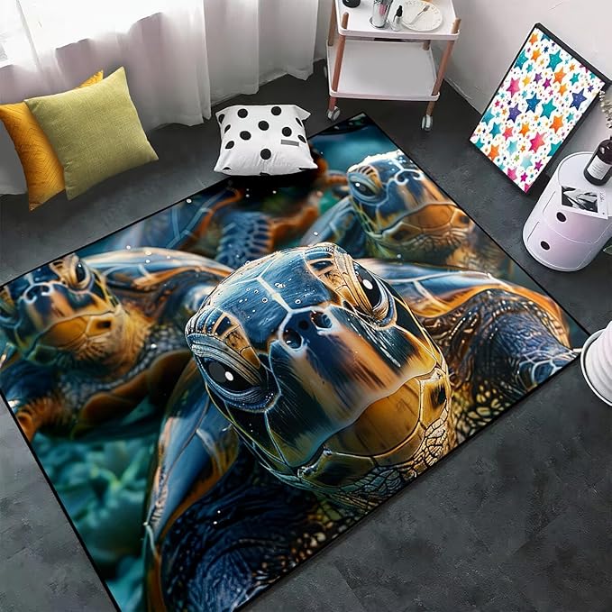 Sea Turtle Carpet Rug - Kids Coastal Rugs for Bedroom Ocean Life Theme, 47" L x 39" W
