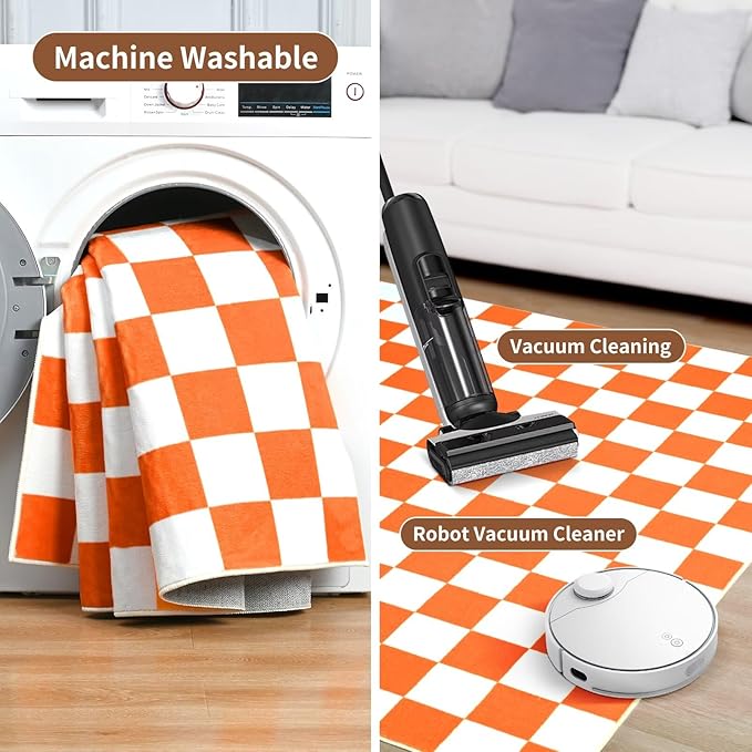 Terrug Orange and White Small Checkered Rug for Bedroom, 2x3 Soft Washable Rug with Non Slip Backing, Low Pile Throw Carpet for Entryway Hallway Kitchen Laundry Room