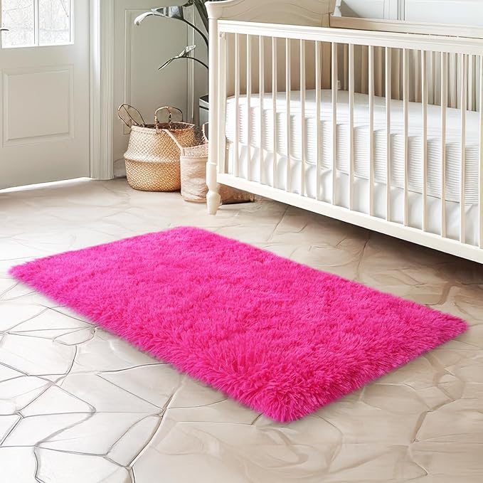 2x3 Rug for Bedroom, Fluffy Area Rugs for Living Room, Small Soft Shag Fuzzy Shaggy Carpets for Kids Boys and Girls Dorm with 4 Non-Slip Rug Tapes for Room Home Decor (2ft x 3ft, Hot Pink)