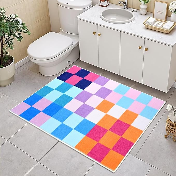Terrug Multicolored Small Checkered Rug for Bedroom, 2x3 Soft Washable Rug with Non Slip Backing, Low Pile Throw Carpet for Entryway Hallway Kitchen Laundry Room