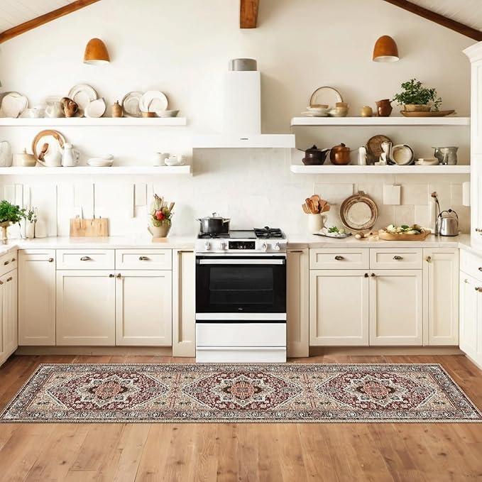 BESTSWEETIE 2x8 Area Rugs for Living Room Washable Non Slip Carpet Low Pile Soft Vintage Print Pattern Rug for Bedroom Dining Room Kitchen Entryway Indoor-Wine/Brown/Brick/Black/Light tan