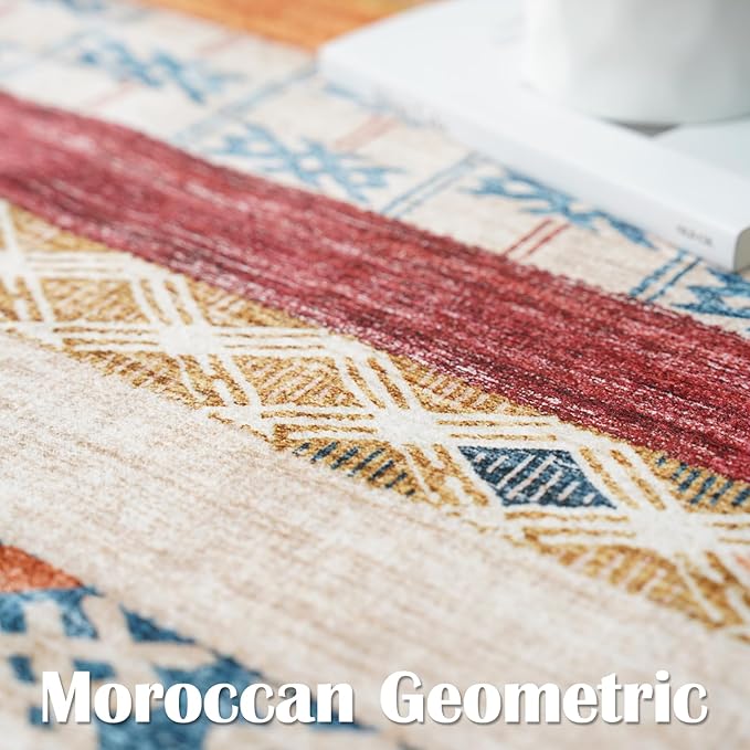 10x14 Washable Area Rug: Moroccan Large Neutral Boho Area Rug for Living Room & Bedroom Geometric Non-Slip Farmhouse Carpet for Living Room Red&Blue Colourful 10'x14'.