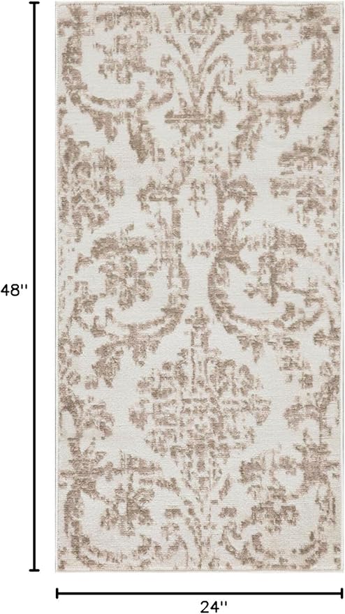 Nourison Jubilant Damask Ivory Beige 2' x 4' Area Rug, Easy Clean, Non Shedding, Bed Room, Living Room, Dining Room, Kitchen (2x4)