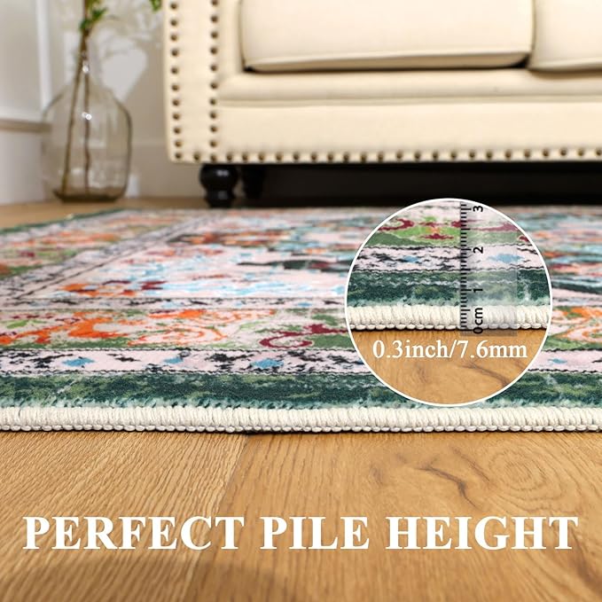 U'Artlines Washable Boho Area Rug, 2x3 Small Soft Non Slip Vintage Doormat for Indoor Front Door Green Mat Carpet for Entryway Kitchen Bathroom Bedroom
