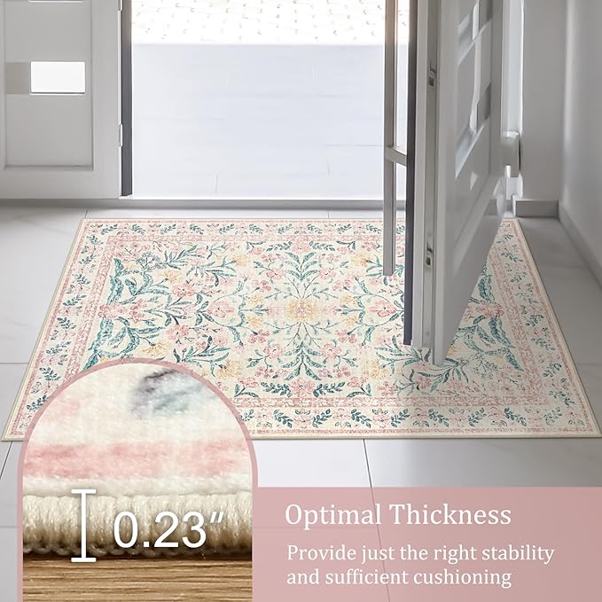 Morebes Boho Hallway Runner Rug 2x6,Floral Kitchen Runner Rugs Non Skid Washable,Super Soft Indoor Throw Carpet for Girls Bedroom Bedside Bathroom Laundry Room, Pink/Multi