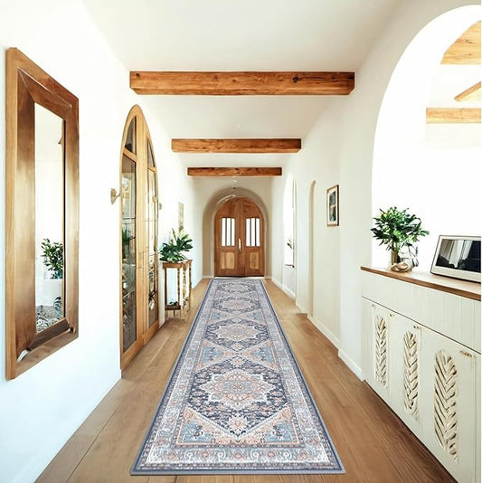BESTSWEETIE 2x10 Area Rugs for Living Room Washable Non Slip Carpet Low Pile Soft Vintage Print Pattern Rug for Bedroom Dining Room Kitchen Entryway Indoor-Navy Blue/Light Blue/Natural/Brick