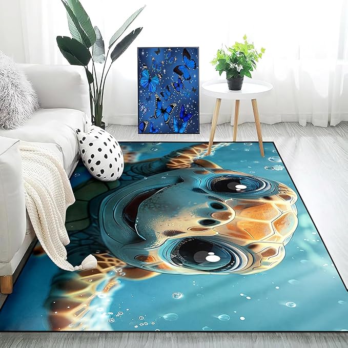 Sea Turtle Rugs - Seafloor Turtle Area Rugs for Kids 70 x 55 Inches Ocean Life Turtles Carpet Rugs for Bedroom Living Room Kids Room Decor