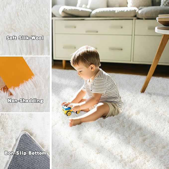 White Fluffy Rug for Bedroom 6x9 ft - Ultra Soft & Non Slip Shaggy Area Rug, Comfy Durable Carpet for Living Room Kids Room Teens Dorm Home Decor, 1.7'' Thick Indoor Plush Carpets