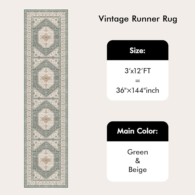 3x12 Runner Rug for Hallway Washable: Non Slip Kitchen Rugs with Rubber Backing Soft Waterproof Mats Stain Resistant Indoor Vintage Carpet Runner for Bedroom Bathroom Laundry Entryway Green/Beige