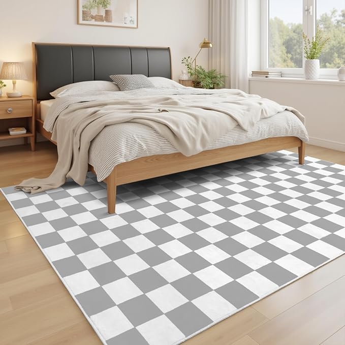 Terrug Grey and White Checkered Rug for Living Room Bedroom, 8x10 Soft Washable Area Rug with Non Slip, Low Pile Stain Resistance Carpet for Kids Room Entryway Kitchen Dorm