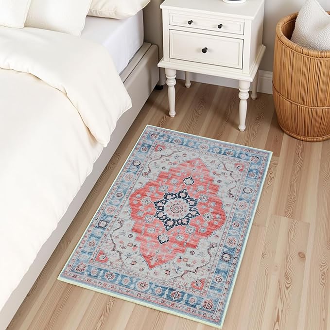 Vintage Entryway 2x3 Rug, Machine Washable Small Medallion Area Rug, Soft Non-Slip Stain Resistance Boho Throw Rugs, Low-Pile Indoor Door Mat for Kitchen Bedroom Hallway Entry, Red Blue
