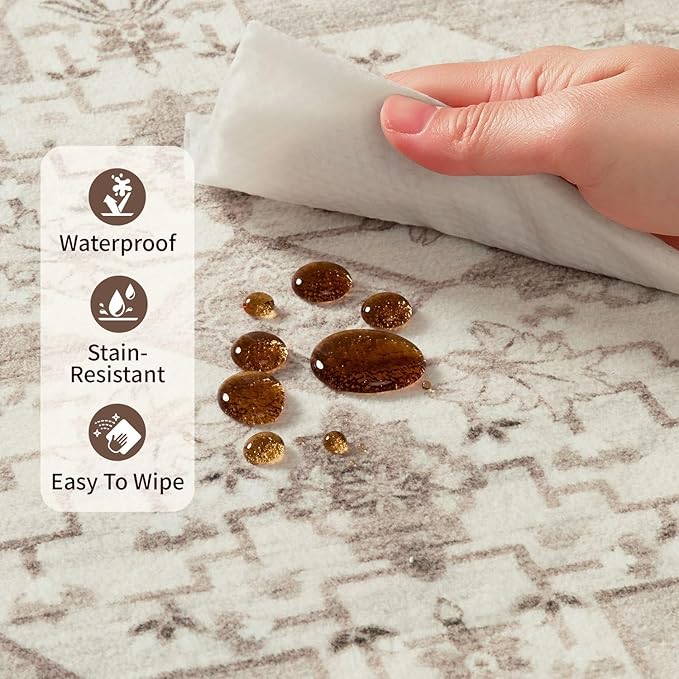 4x6 Washable Area Rug for Living Room, Vintage Neutral Boho Rugs for Office, Dining Room, Kids Room, Farmhouse, Durable Low Pile Non Slip Carpet for High Traffic Areas, Cream