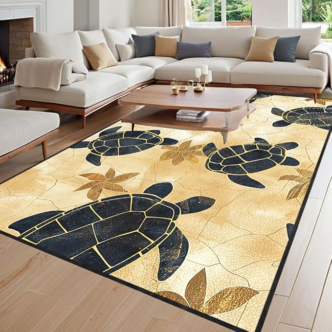Yellow Sea Turtle Rug - Sea Turtle Carpet, Beach Themed Carpet for Kids Teens Adults Ocean Animal Rugs for Living Room Indoor Coastal Children Play Room Floor Mat 3x4 Feet