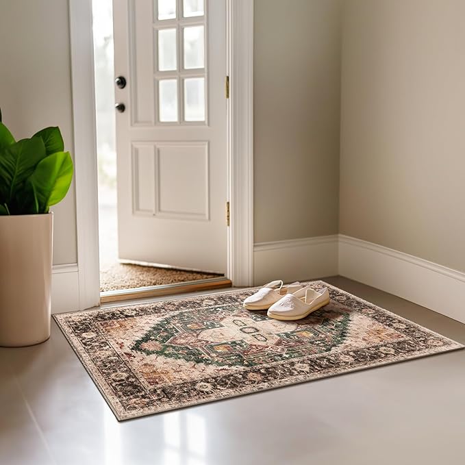 Washable 2x3 Area Rugs, Rugs for Living Room, Low-Pile Water&Stain Resistant Carpet Vintage Distressed Printed Non-Slip Carpet for Bedroom Bathroom Kitchen-Green