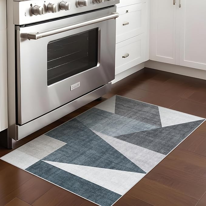 Washable Modern Area Rug: 2x3 Geometric Area Rugs for Entryway Small Mat for Kitchen with Non-Slip Backing Indoor Bedroom Door Mat for Bathroom Floor Blue Grey 2'x3'.