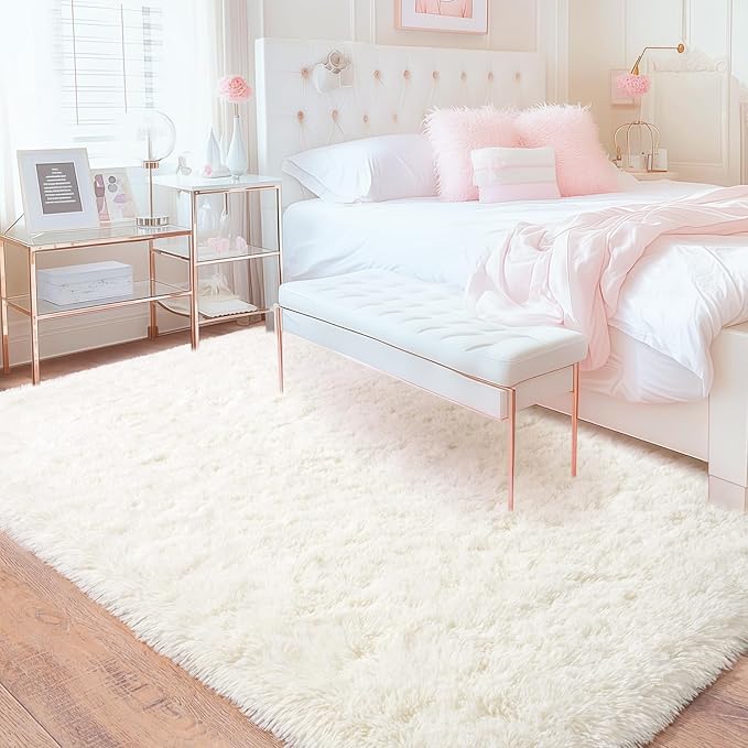 4x6 Cream Rugs for Bedroom, Fluffy Shag Area Rug for Living Room Dorm Nursery Kids Room, Non-Slip Modern Soft Plush Floor Carpets, Home Decor Aesthetic
