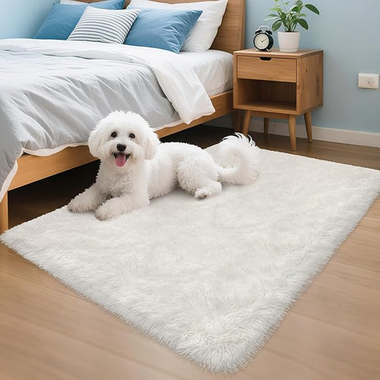 White Fluffy Rug for Bedroom Living Room, 3x5 Furry Cream Area Rug Soft Fuzzy Shag Carpet for Boys Girls Room Dorm Dresser Bedside, Plush Thick Throw Kids Shaggy Rug Non-Slip for Nursery
