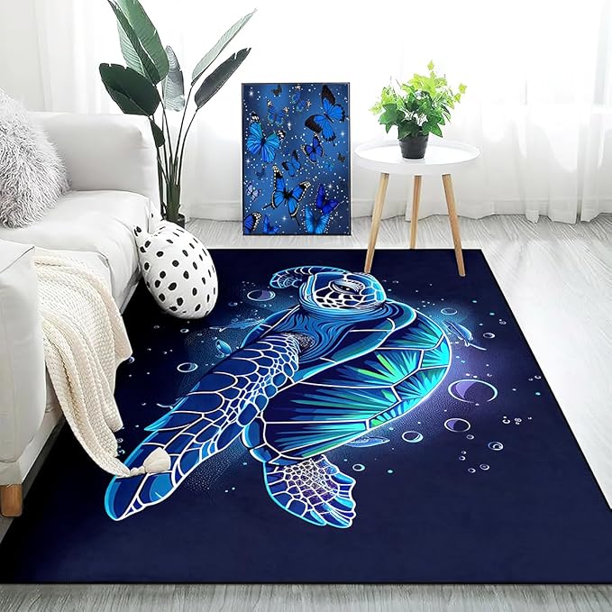 Sea Turtle Area Rug - Sea Turtle Rug for Bedroom Ocean Theme Rugs Coastal Rugs for Bedroom Ocean Animal Room Decor, 63 x 47 Inches