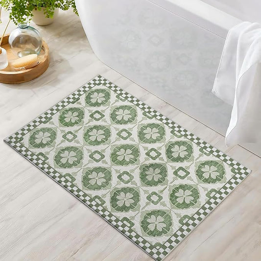 Bathroom Mat Four Leaf Clover Botanical Rugs Sage Green Leaf Modern Machine Washable Soft Plush Rug Carpet Non Slip Area Rug for Entryway Kitchen Living Room Bedroom Dining Room Home 20x31.5 Inch
