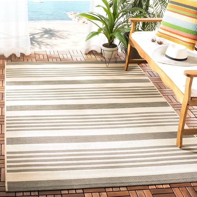 SAFAVIEH Courtyard Collection Area Rug - 5'3' x 7'7', Grey & Bone, Stripe Design, Non-Shedding & Easy Care, Indoor/Outdoor & Washable-Ideal for Patio, Backyard, Mudroom (CY6062-236)
