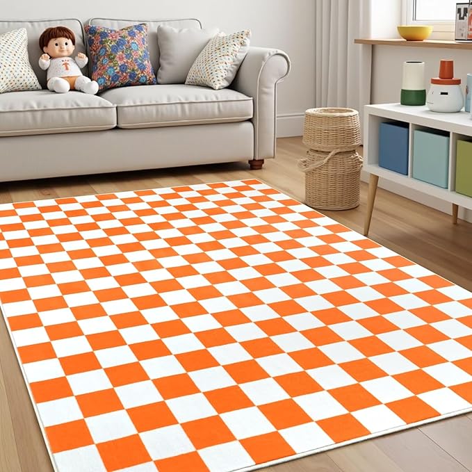 Terrug Orange and White Checkered Rug for Living Room Bedroom, 3x5 Soft Washable Area Rug with Non Slip, Low Pile Stain Resistance Carpet for Kids Room Entryway Kitchen Dorm