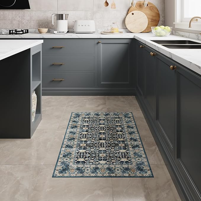 Dripex 2x3 Area Rugs, Machine Washable Non Slip Boho Rugs,Distressed Small Entryway Rug Doormat, No Pile Lightweight Vintage Rug, Floor Carpet for Front Entrance Kitchen Bathroom,Navy Blue and Multi
