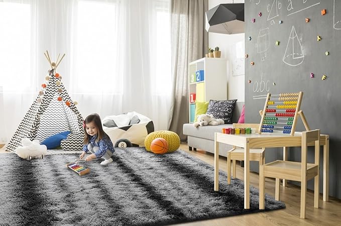 TWINNIS Super Soft Shaggy Rugs Fluffy Carpets, 6x9 Feet, Indoor Modern Plush Area Rugs for Living Room Bedroom Kids Room Nursery Home Decor, Upgrade Anti-Skid Rectangular Fuzzy Rug, Gray Black