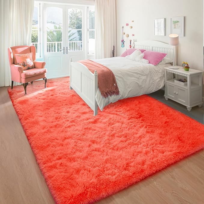 YJ.GWL Area Rugs for Living Room Bedroom, 4x6 Machine Washable Large Orange Carpet, Soft Fluffy Shaggy Thick Big Shag Indoor Floor Rug for Kids Boy and Girls Room Dorm Home Decor Aesthetic