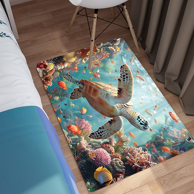 Sea Turtles Coastal Rugs - Kids Sea Turtle Rug for Bedroom Ocean Life Theme, 35 x 23 Inches