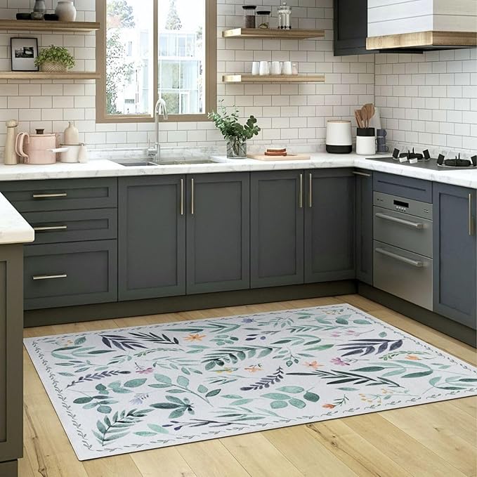 Syalife 3x5 Area Rugs, Non Slip Washable Low Pile Rugs for Living Room, Kitchen, Hallway, Bedroom Bedside, Kids Room, College Dorm (Green Leafy, 3'x5')