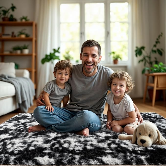 Zentavio Black and White Area Rugs for Living Room Rugs for Bedroom 4x6 Soft Carpet Fluffy Furry Shag Aesthetic Plush High Pile Gray Throw Rug for Nursery Kids Room Dorm Tie-Dyed