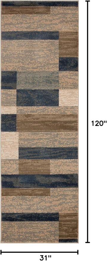 Superior Indoor Runner Rug, Jute Backed, Modern Geometric Patchwork Floor Decor for Bedroom, Office, Living Room, Entryway, Hardwood Floors, Rockwood Collection, 2' 7" x 10', Midnight Navy