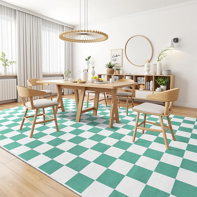 Terrug Green and White Checkered Rug for Living Room Bedroom, 5x7 Soft Washable Area Rug with Non Slip, Low Pile Stain Resistance Carpet for Kids Room Entryway Kitchen Dorm