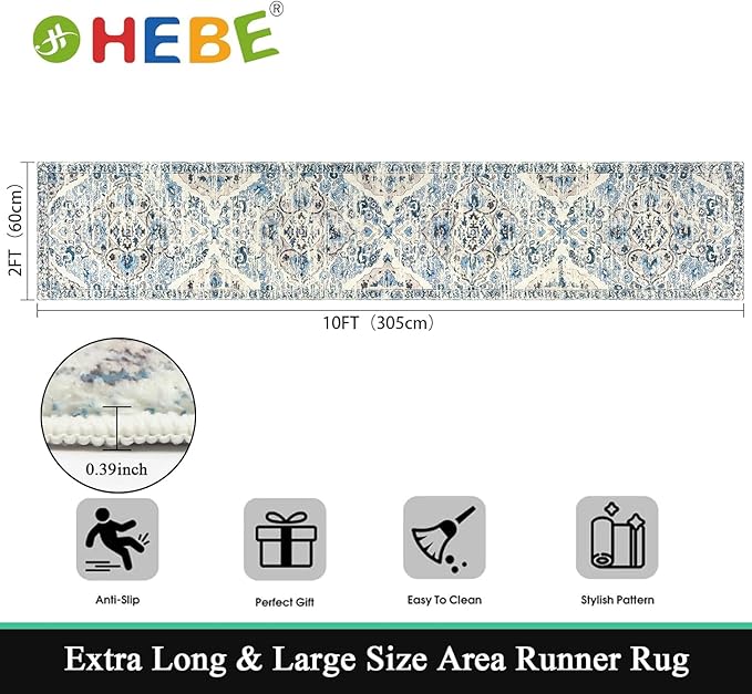 HEBE Hallway Runner Rug 2'x10' Washable Vintage Distressed Area Rugs Non Slip Laundry Rug Runner Boho Floor Carpet Runners for Hallways Entryway Laundry Room Kitchen Bathroom