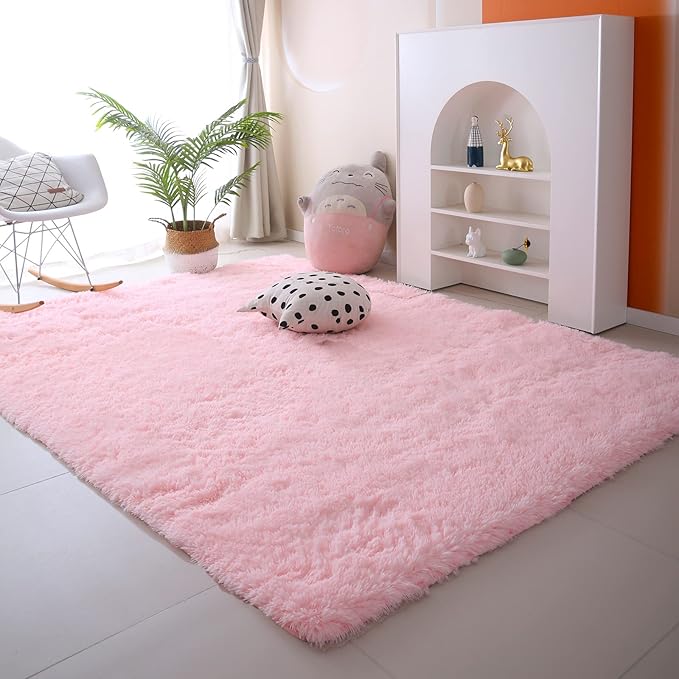 Pink Rug for Girls Bedroom 5x7: Ultra Soft Faux Fur Shag Rugs for Living Room,Modern Indoor Plush Fuzzy Carpets for Kids Nursery Dorm Room Decor