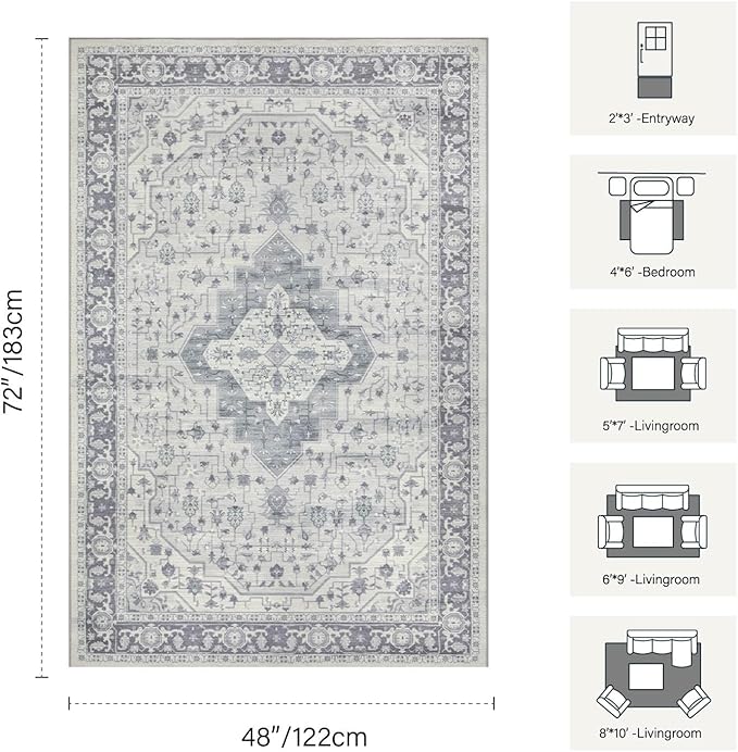 4x6 Washable Area Rug for Living Room, Vintage Boho Rugs for Office, Dining Room, Kids Room, Farmhouse, Durable Low Pile Non Slip Carpet for High Traffic Areas, Blue Quartz
