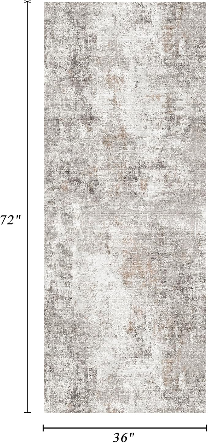 3x6 Washable Non-Slip Kitchen Runner Rug with Rubber Backing Modern Abstract Stain Resistant Floor Carpet Runner for Hallway, Entryway, Bedroom, Living Room - Beige/Grey/Brown