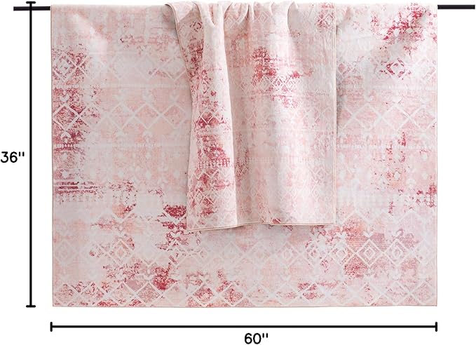 Carvapet Boho Rugs for Living Room, Moroccan Pink Low Pile Small Carpet with Rubber Backing, Foldable, Non Slip Machine Washable (5 x 3 Feet Rectangular, Pink Area Rug)