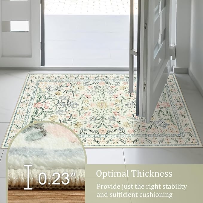 Morebes Washable Runner Rug 2x6,Bathroom Runner Rugs 24 x 72 Non Slip Washable,Vintage Boho Ultra-Thin Indoor Throw Carpet Runner for Hallway Entry Bedroom Laundry Room, Cream/Multi