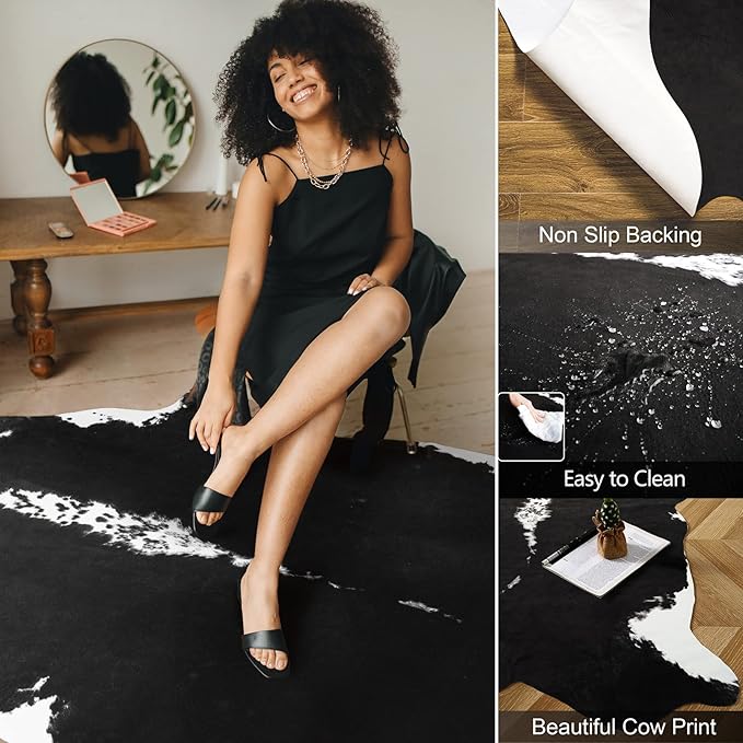 AROGAN Faux Cow Hide Rug, Premium Cow Print Rug Animal Area Rug for Western Decor, Cowhide for Bedroom, Living Room, Cute Decor Black and White, 6.2 x 7 Feet