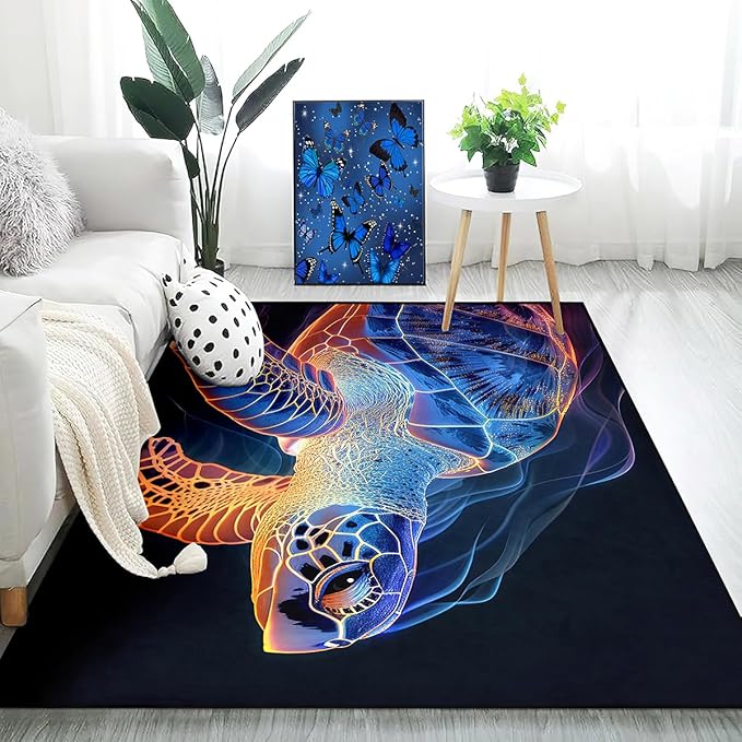 Sea Turtle Carpet Rug - Kids Coastal Rugs for Bedroom Ripple Sea Turtle Area Rug for Living Room Ocean Life Theme, 59" L x 39" W