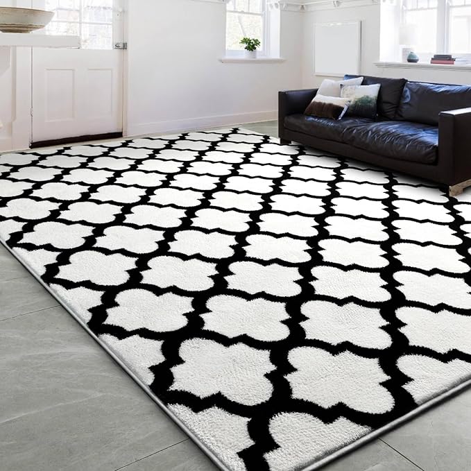 5x8 Large Geometric Area Rugs for Living Room Bedroom, White and Black Modern Low Pile Rug, Ultra Soft Shag Moroccan Plush Foam Carpet for Kids Playroom Nursery Home Office Decor