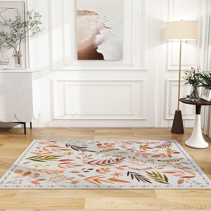 Syalife 3x5 Area Rugs, Non Slip Washable Low Pile Rugs for Living Room, Kitchen, Hallway, Bedroom Bedside, Kids Room, College Dorm (Orange Leafy, 3'x5')